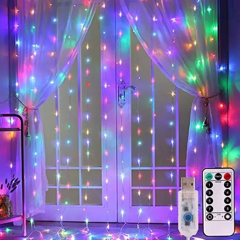Guirlande lumineuse LED en rideau avec télécommande, 8 modes d'éclairage, alimentation USB, décoration de Noël féerique pour la maison, chambre et mariage 12