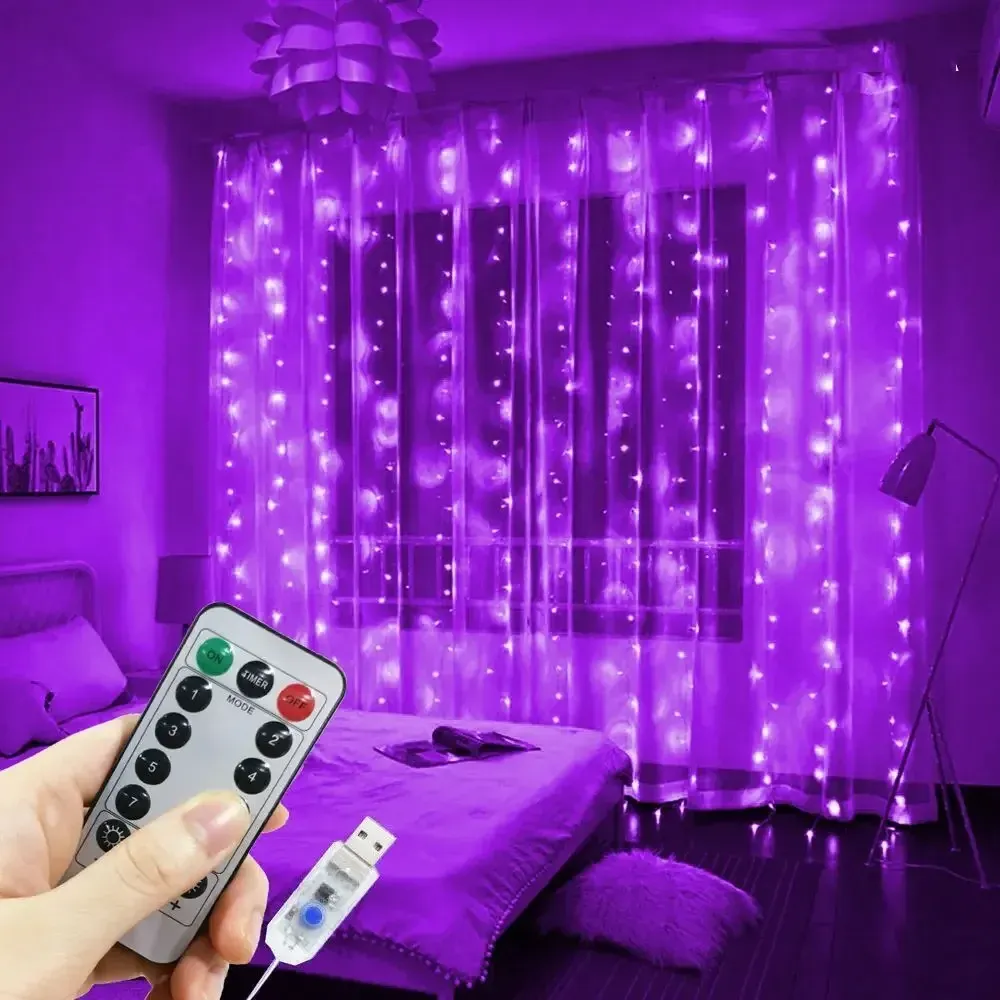 Guirlande lumineuse LED en rideau avec télécommande, 8 modes d'éclairage, alimentation USB, décoration de Noël féerique pour la maison, chambre et mariage 8