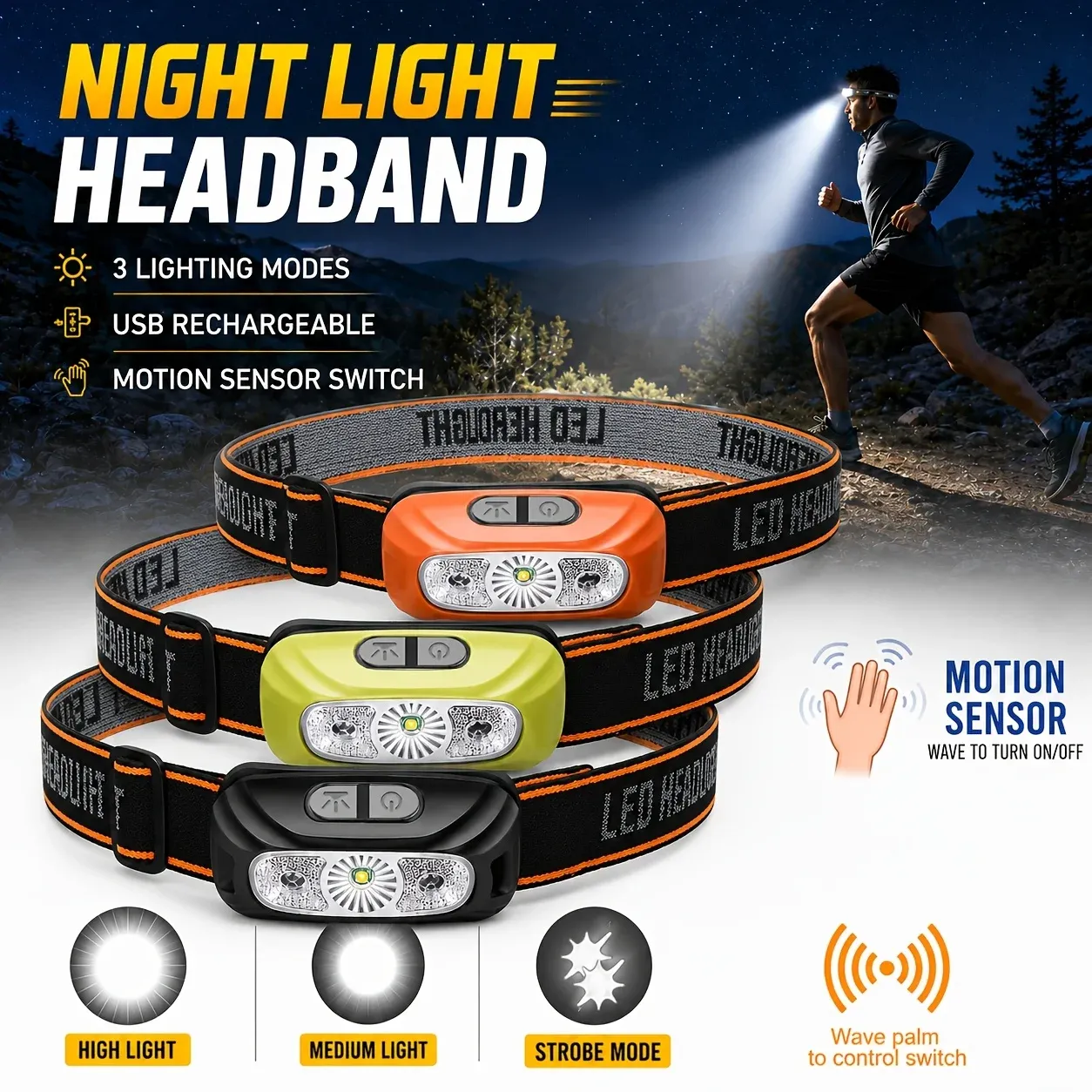 Lampe frontale rechargeable USB 500 lumens avec capteur de mouvement, pour la course à pied et la pêche - Image 1
