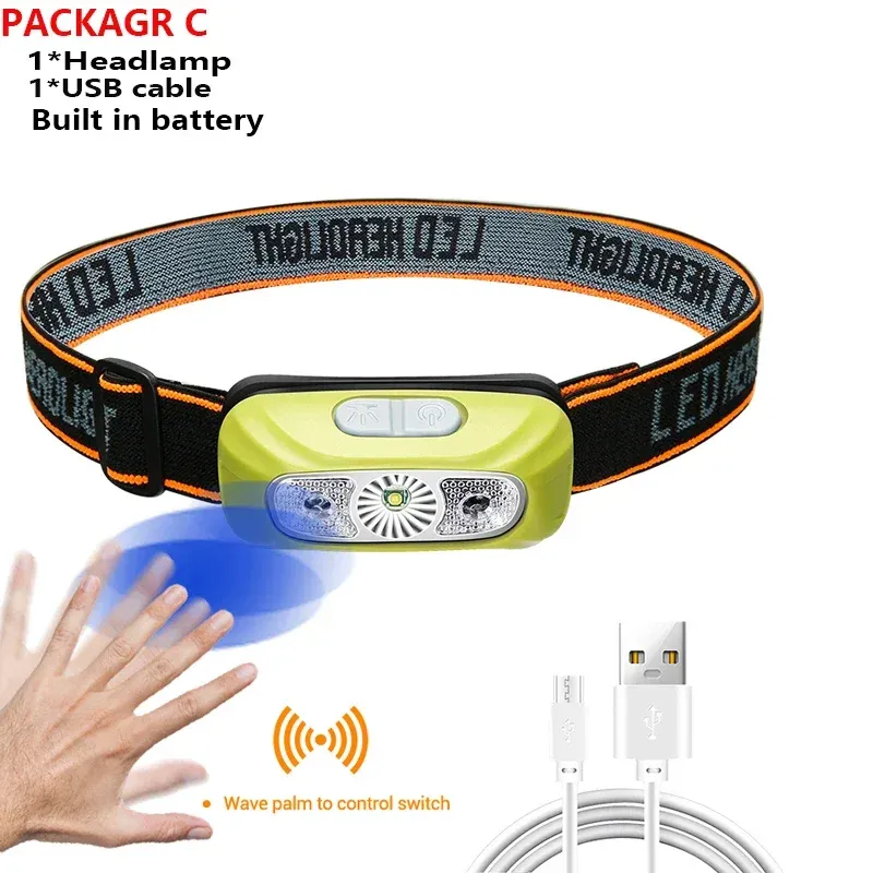 Lampe frontale rechargeable USB 500 lumens avec capteur de mouvement, pour la course à pied et la pêche 8