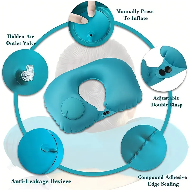 Oreiller de voyage gonflable en forme de U, pliable et portable, avec valve anti-fuite 6