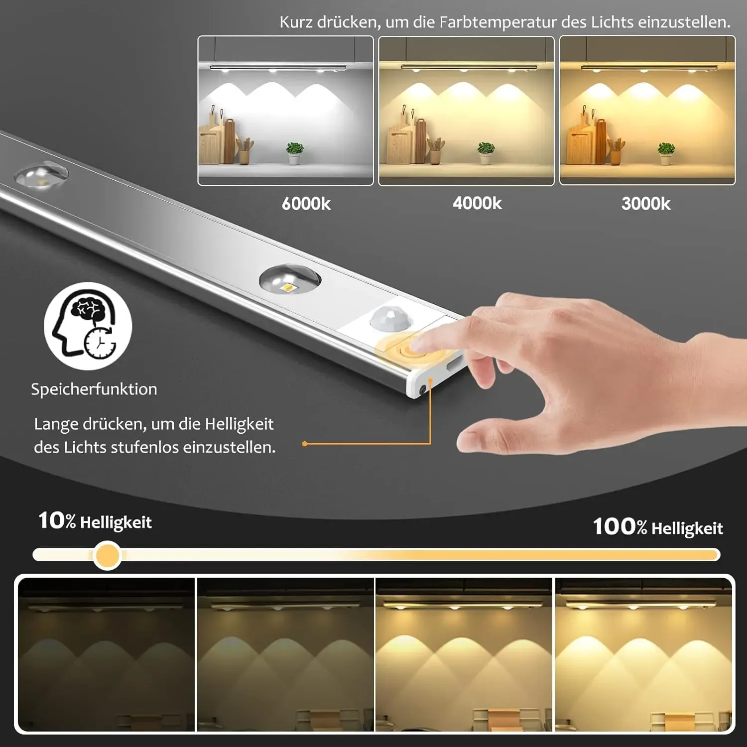 Lampe LED sans fil ultra fine à détecteur de mouvement, rechargeable par USB, intensité variable, 3 couleurs 3