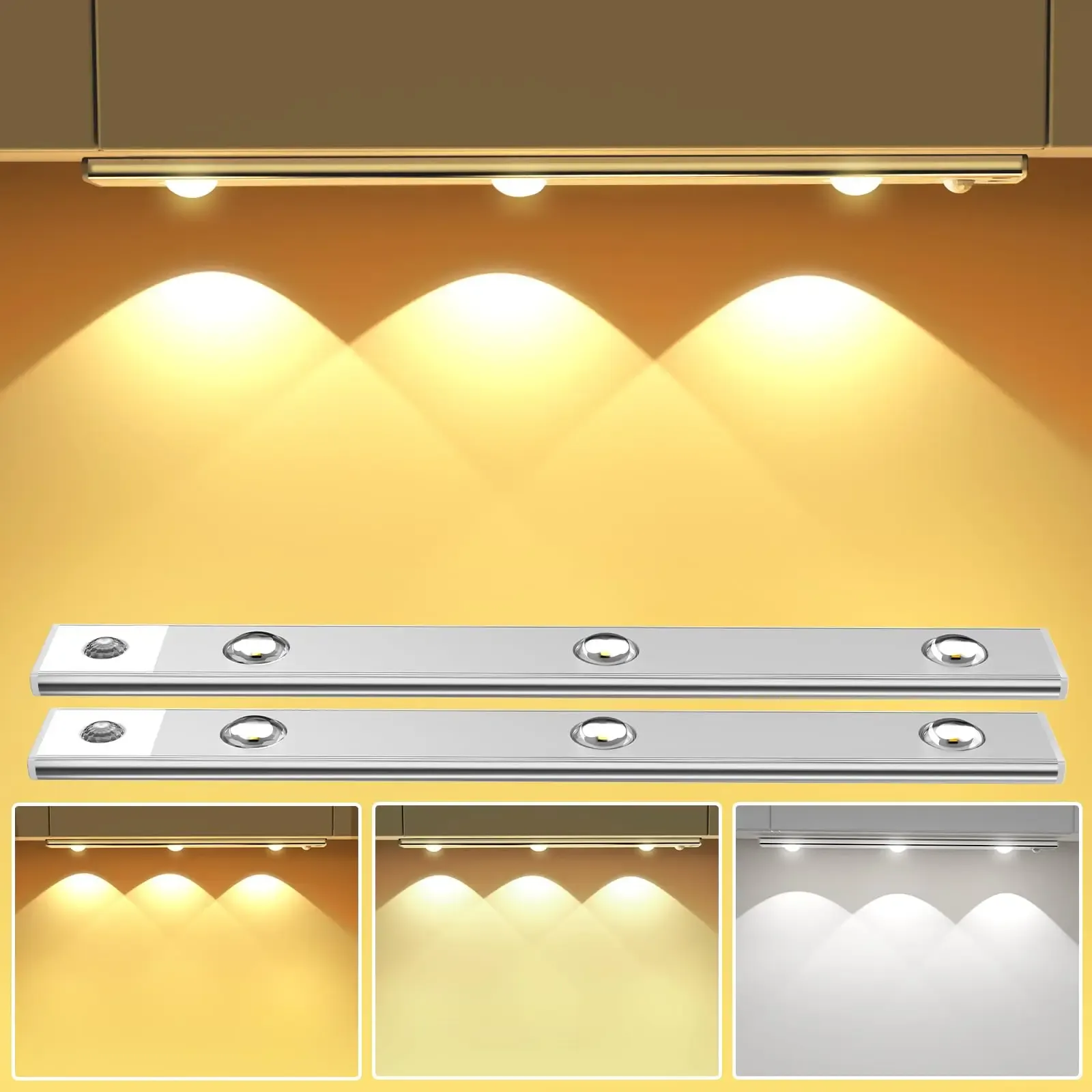 Lampe LED sans fil ultra fine à détecteur de mouvement, rechargeable par USB, intensité variable, 3 couleurs