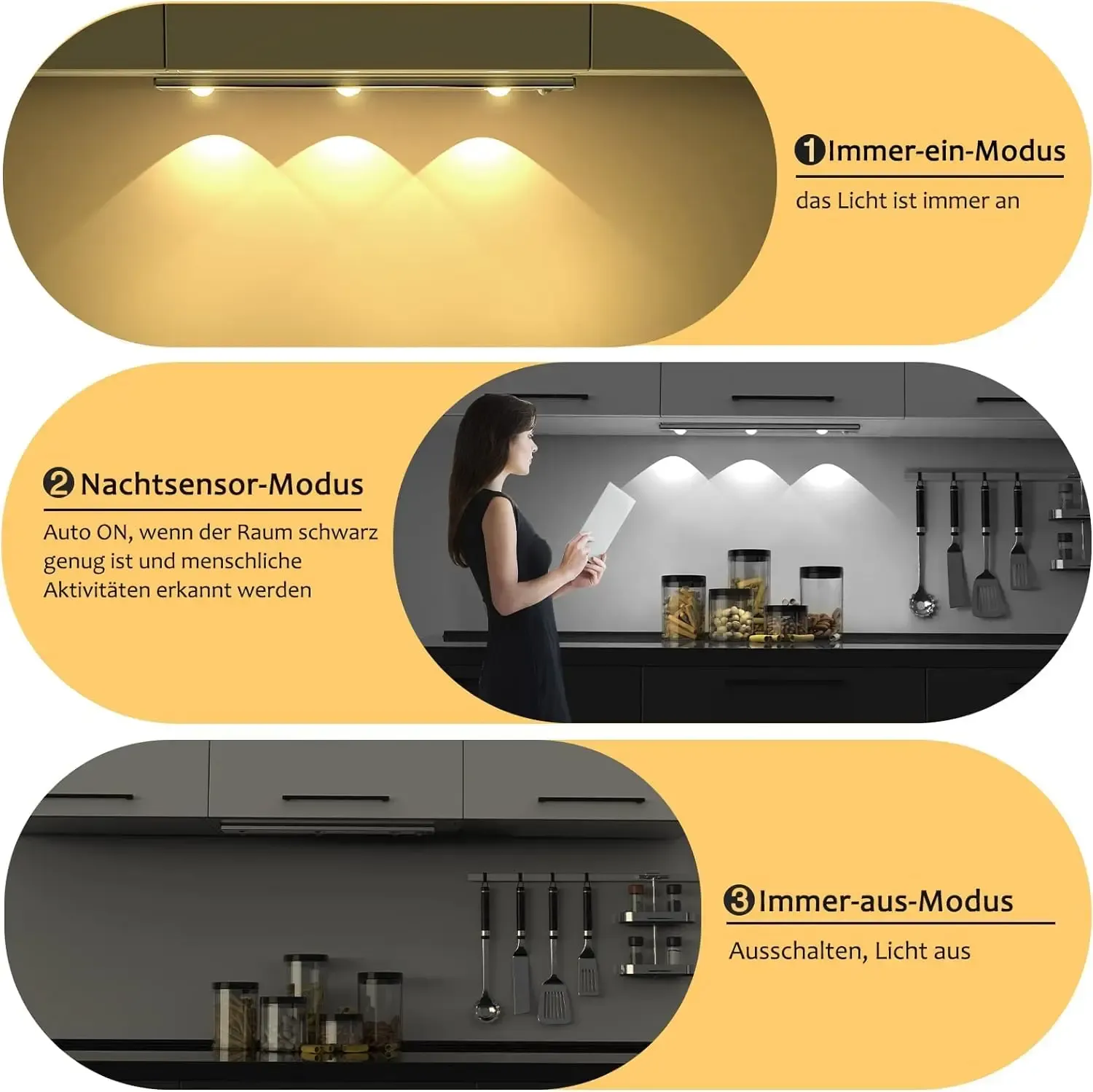 Lampe LED sans fil ultra fine à détecteur de mouvement, rechargeable par USB, intensité variable, 3 couleurs 2