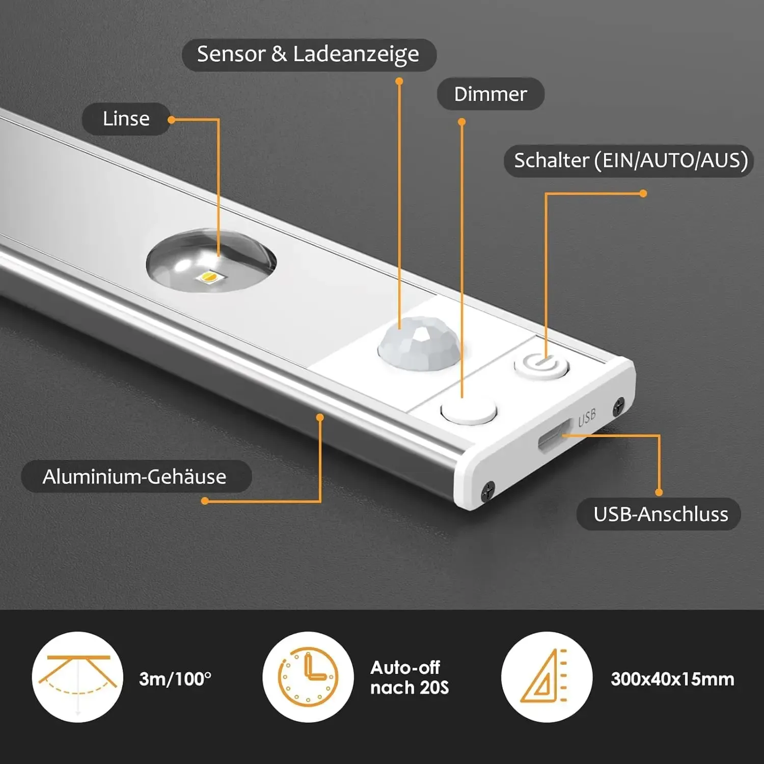 Lampe LED sans fil ultra fine à détecteur de mouvement, rechargeable par USB, intensité variable, 3 couleurs 6
