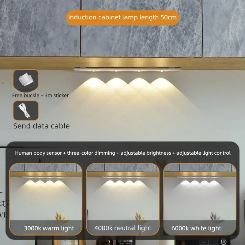 Lampe LED sans fil ultra fine à détecteur de mouvement, rechargeable par USB, intensité variable, 3 couleurs 10