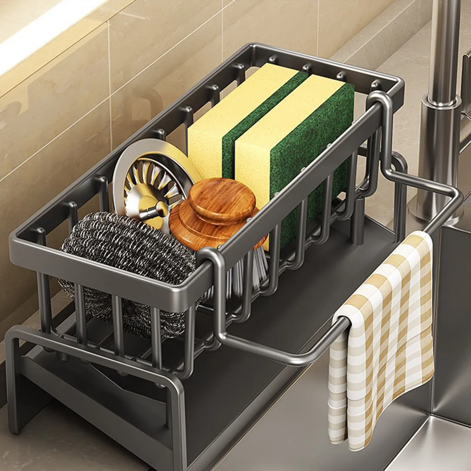 Organisateur d'évier de cuisine, support de comptoir multifonctionnel pour éponges, chiffons de nettoyage et brosses, égouttoir et rangement pour liquide vaisselle - Image 1