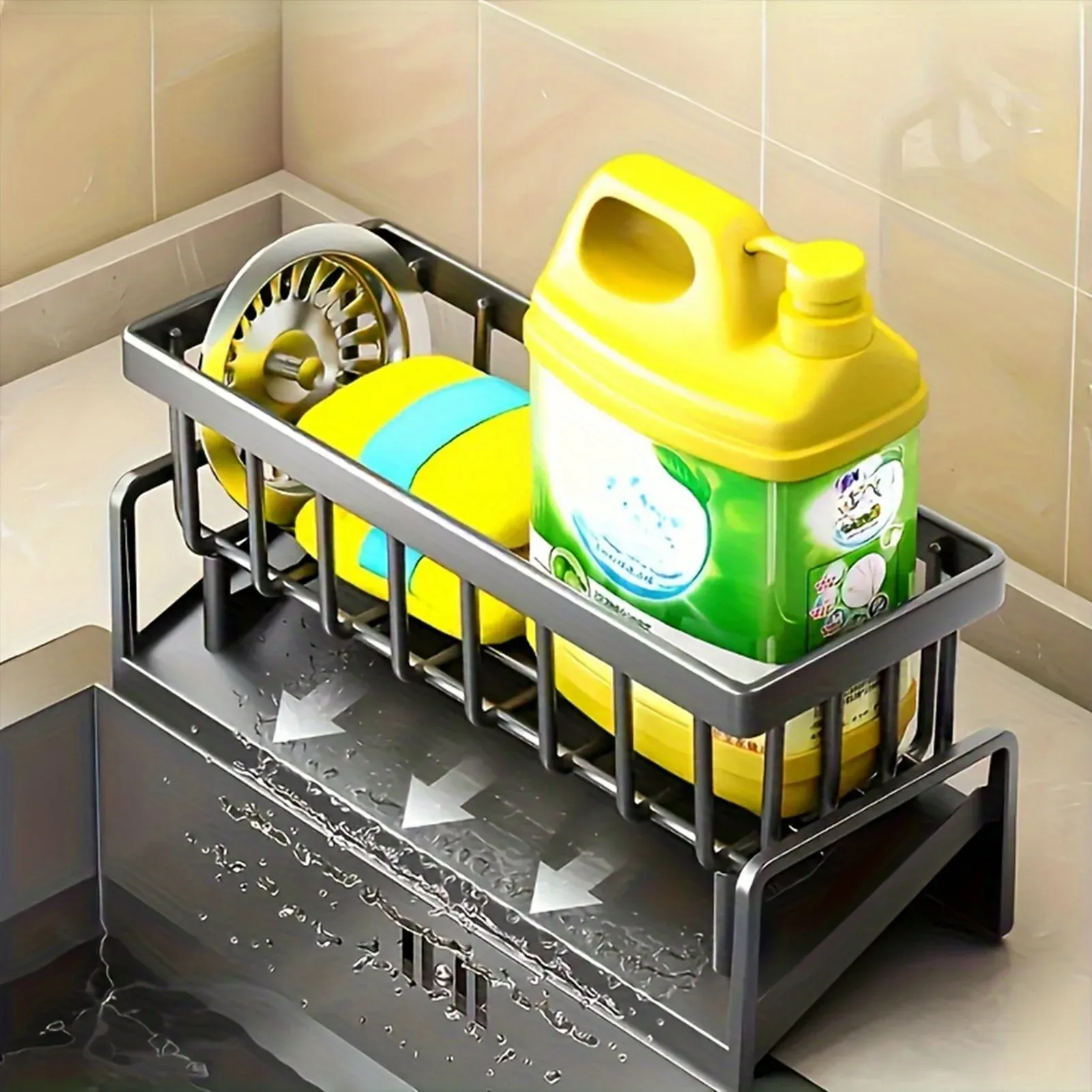 Organisateur d'évier de cuisine, support de comptoir multifonctionnel pour éponges, chiffons de nettoyage et brosses, égouttoir et rangement pour liquide vaisselle 3
