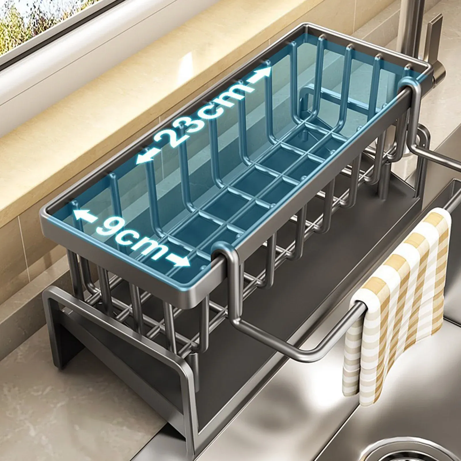 Organisateur d'évier de cuisine, support de comptoir multifonctionnel pour éponges, chiffons de nettoyage et brosses, égouttoir et rangement pour liquide vaisselle 4