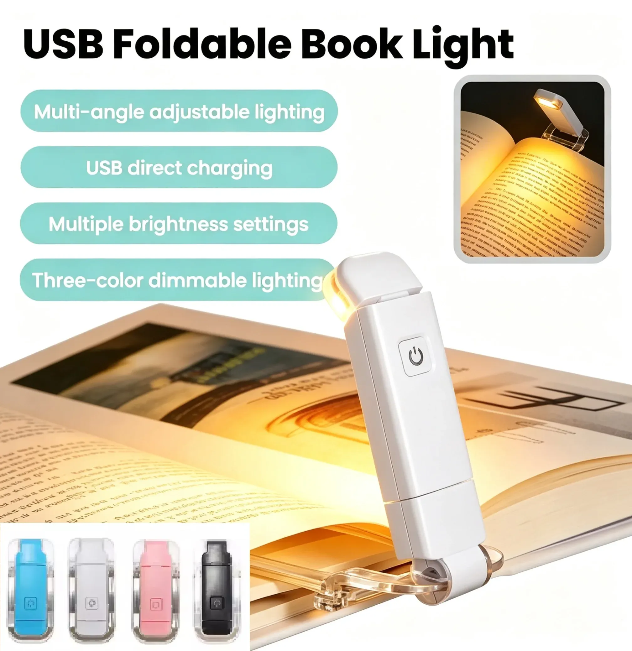 Lampe de lecture LED pliable rechargeable par USB, portable, à protection oculaire, 3 couleurs de lumière et luminosité réglable