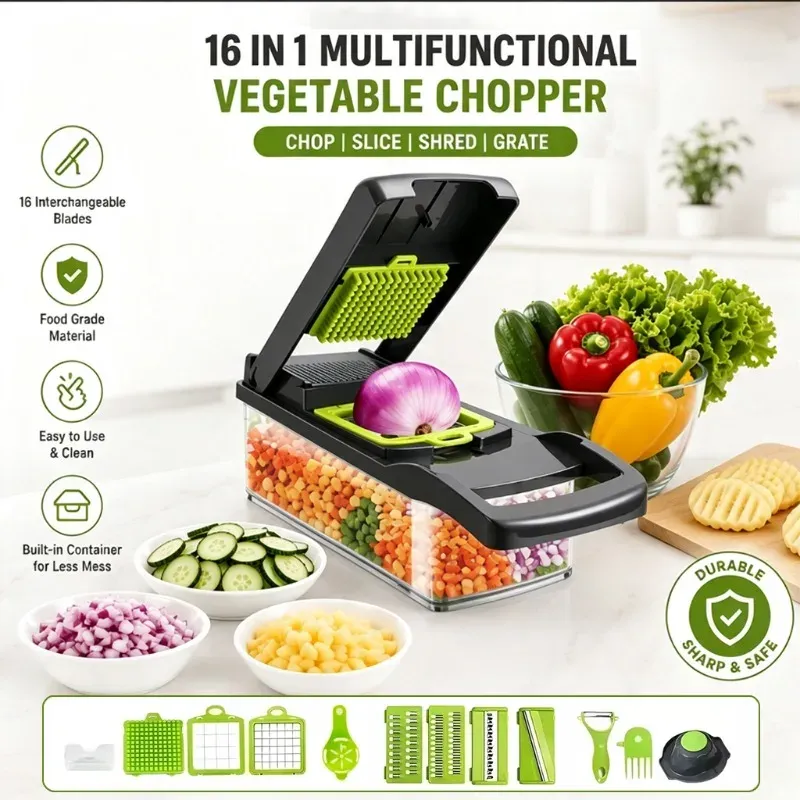 Hachoir, râpe et trancheuse multifonction portable 16 en 1 pour légumes et fruits 1