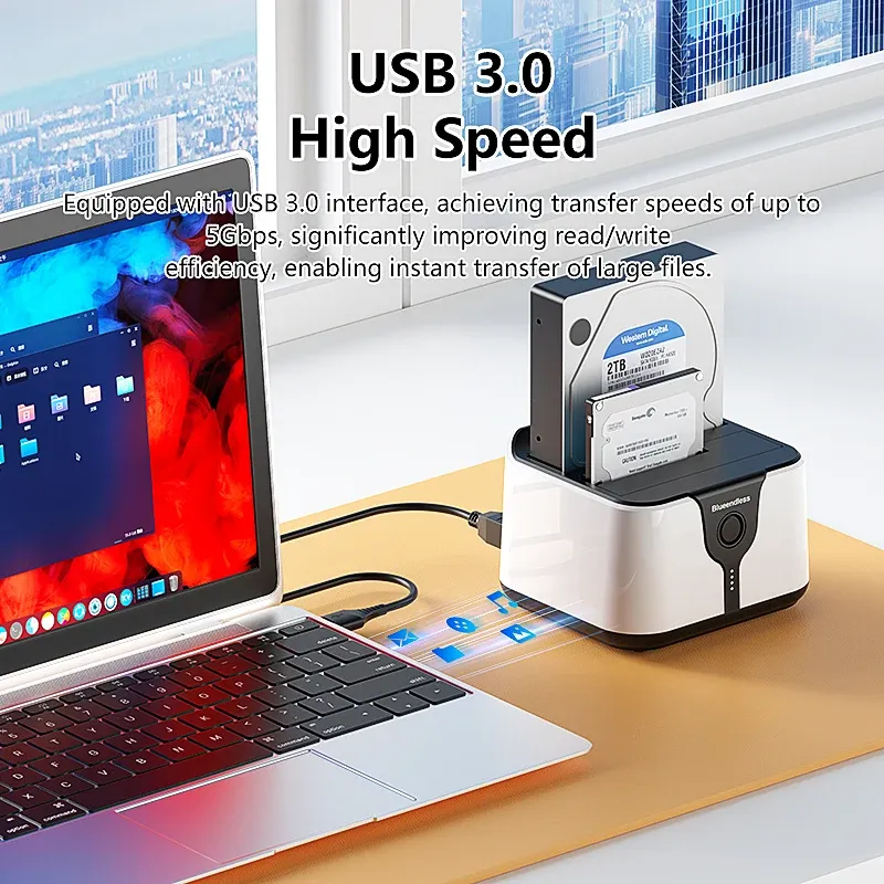 Boîtier de station d'accueil Blueendless à 2 baies pour disques durs et SSD, adaptateur SATA vers USB 3.0 avec clonage hors ligne, compatible SSD et disques durs 2,5 et 3,5 pouces 2