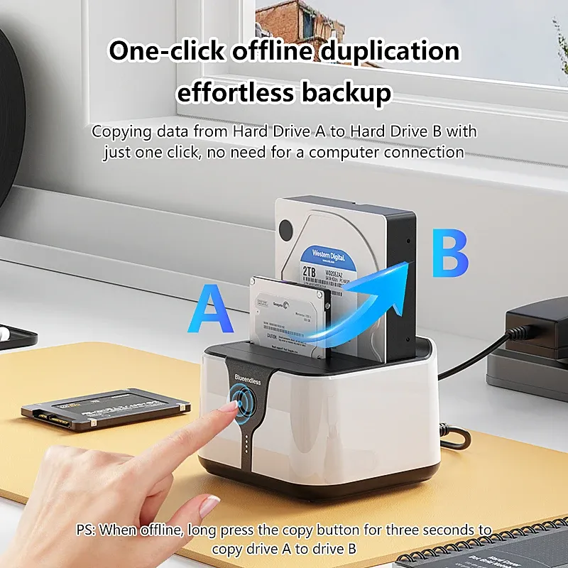 Boîtier de station d'accueil Blueendless à 2 baies pour disques durs et SSD, adaptateur SATA vers USB 3.0 avec clonage hors ligne, compatible SSD et disques durs 2,5 et 3,5 pouces 3