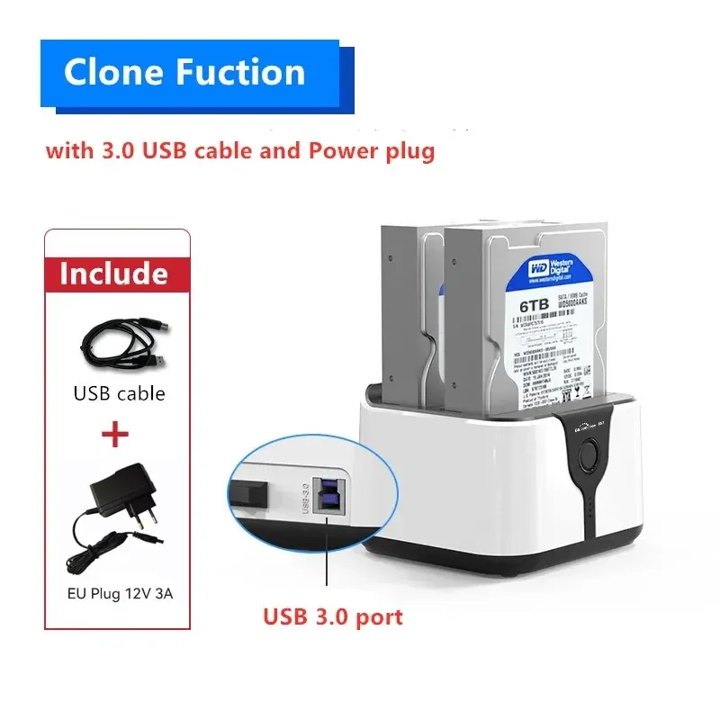 Boîtier de station d'accueil Blueendless à 2 baies pour disques durs et SSD, adaptateur SATA vers USB 3.0 avec clonage hors ligne, compatible SSD et disques durs 2,5 et 3,5 pouces 8