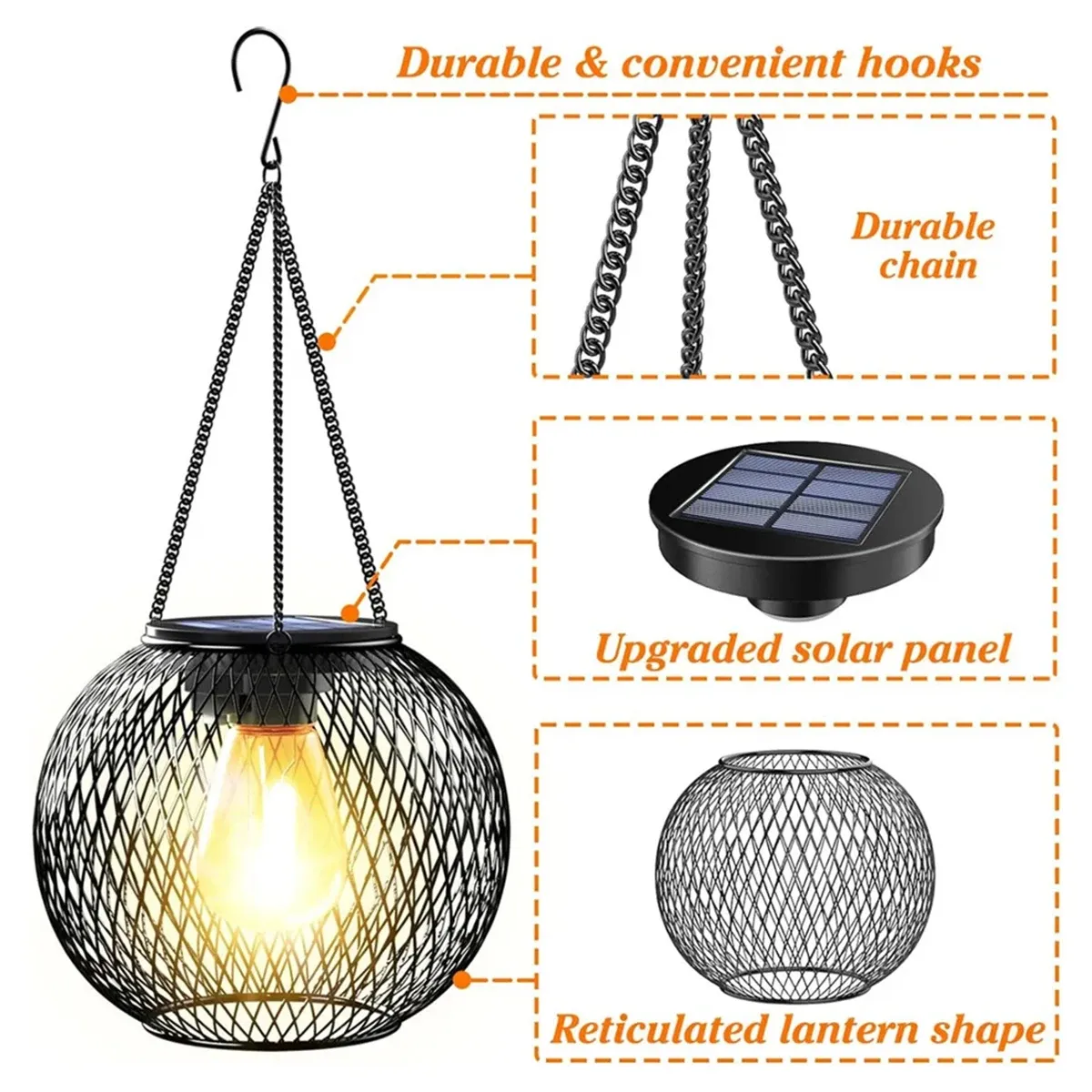 Lanterne solaire LED avec capteur crépusculaire, éclairage extérieur imperméable 3000K pour jardin, paysage et ferronnerie décorative durable 3