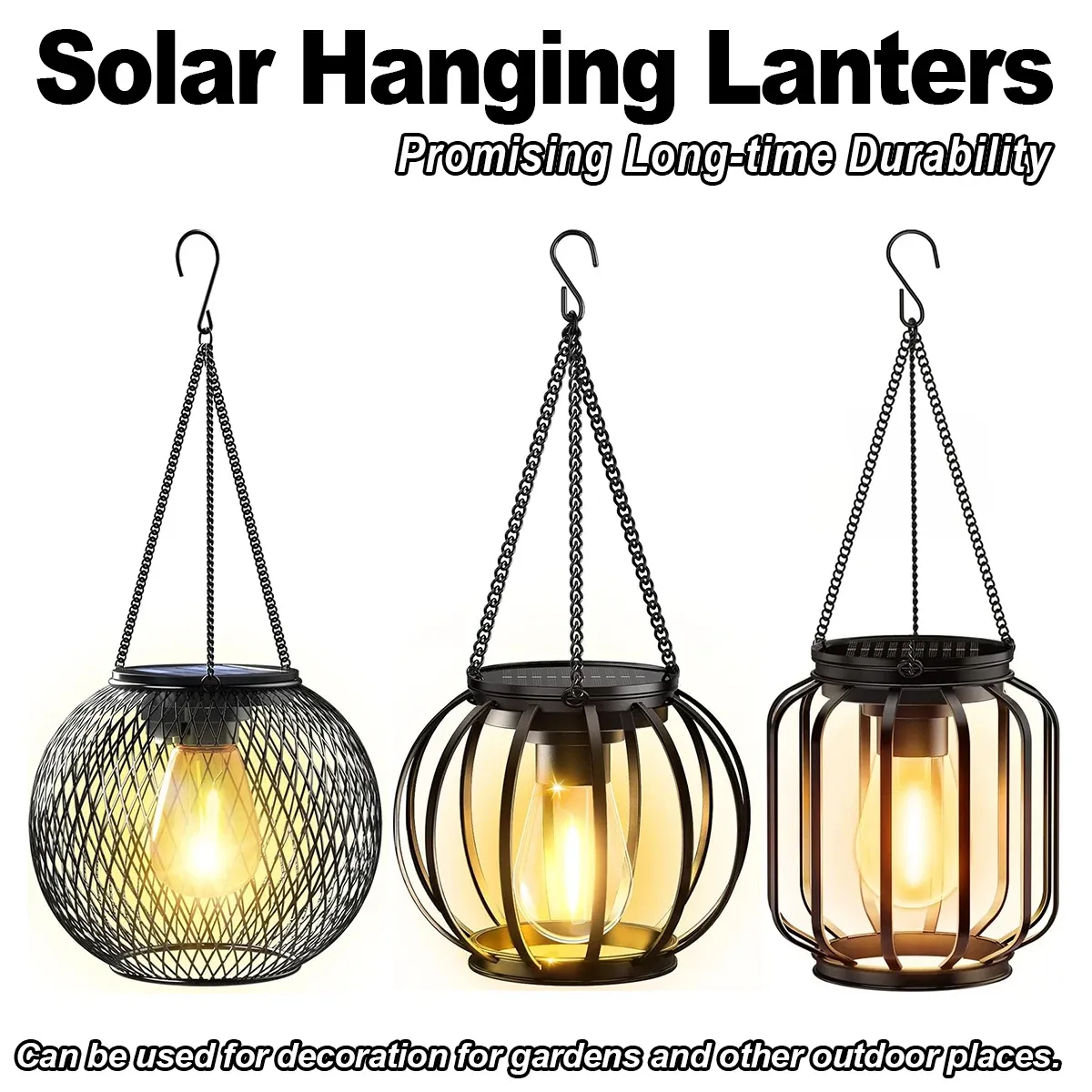 Lanterne solaire LED en métal suspendue dans un jardin
