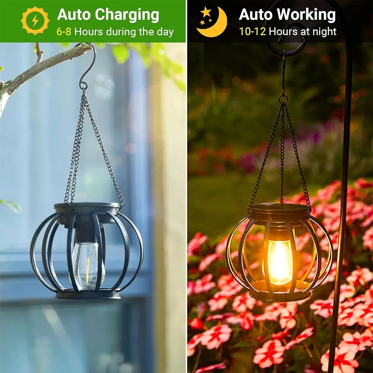 Lanterne solaire LED éclairant un jardin la nuit
