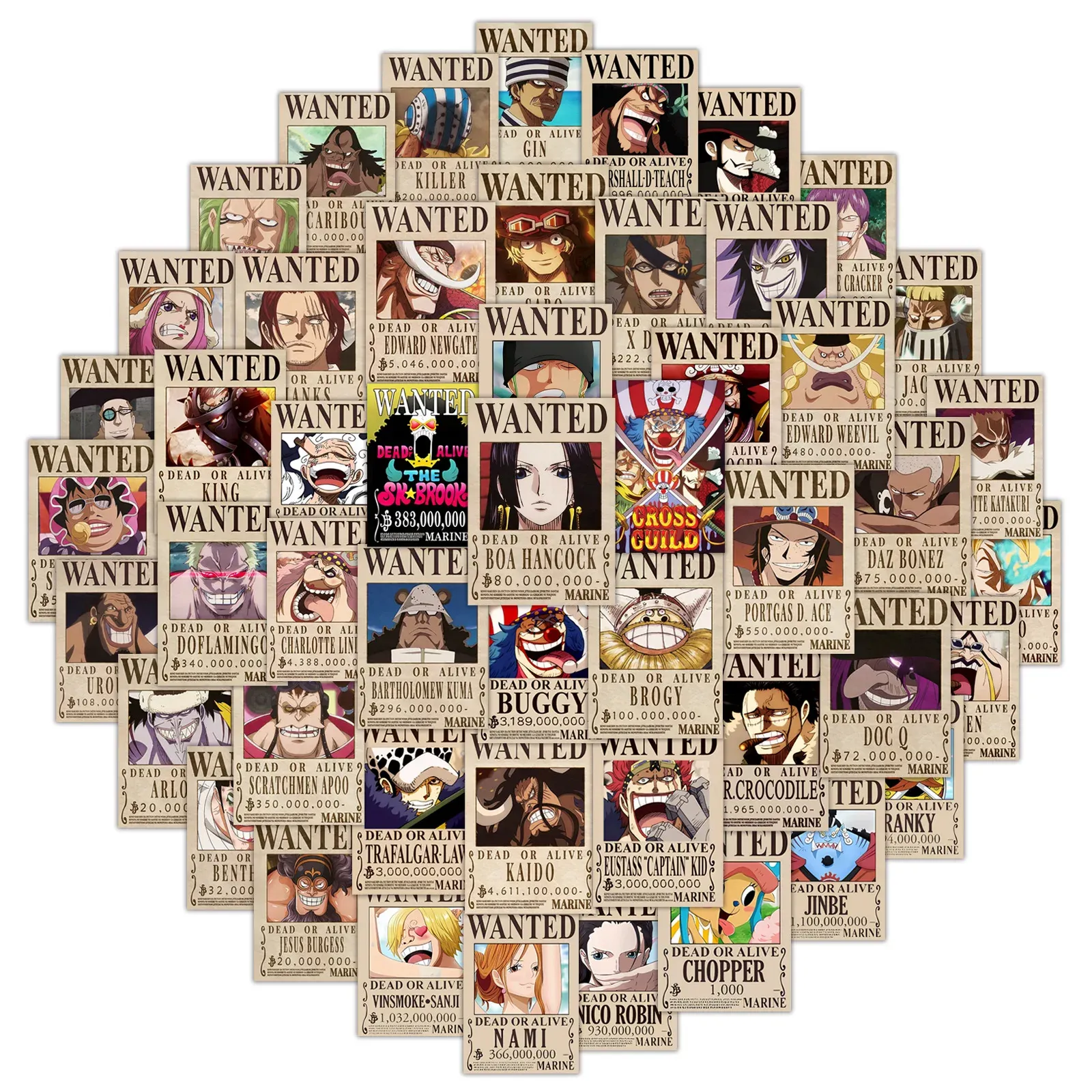 56 autocollants One Piece avis de recherche pour téléphone, ordinateur portable, guitare, voiture et mur, stickers graffiti cool 6