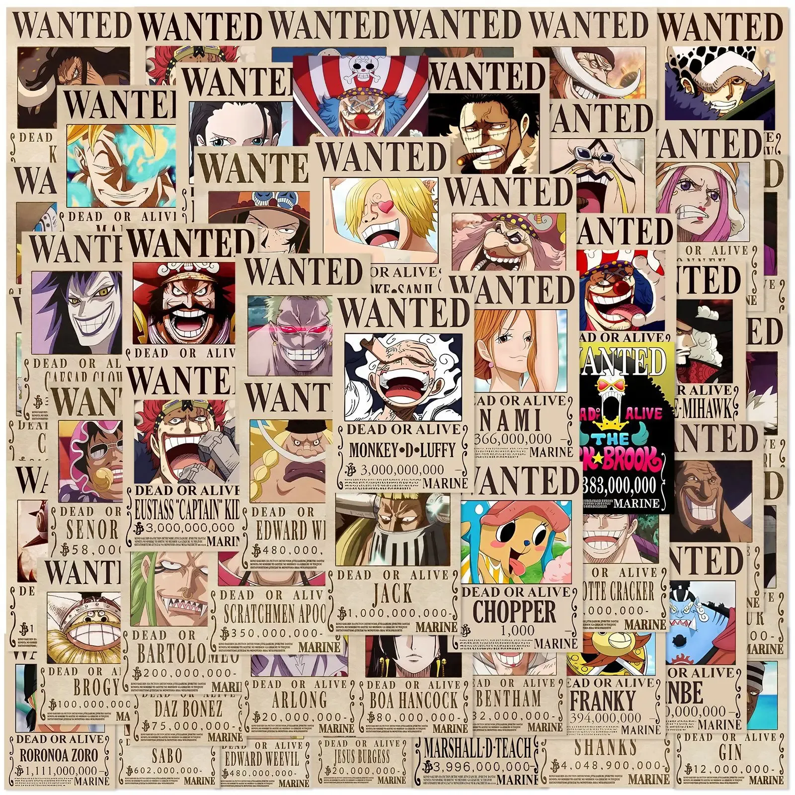 56 autocollants One Piece avis de recherche pour téléphone, ordinateur portable, guitare, voiture et mur, stickers graffiti cool 7