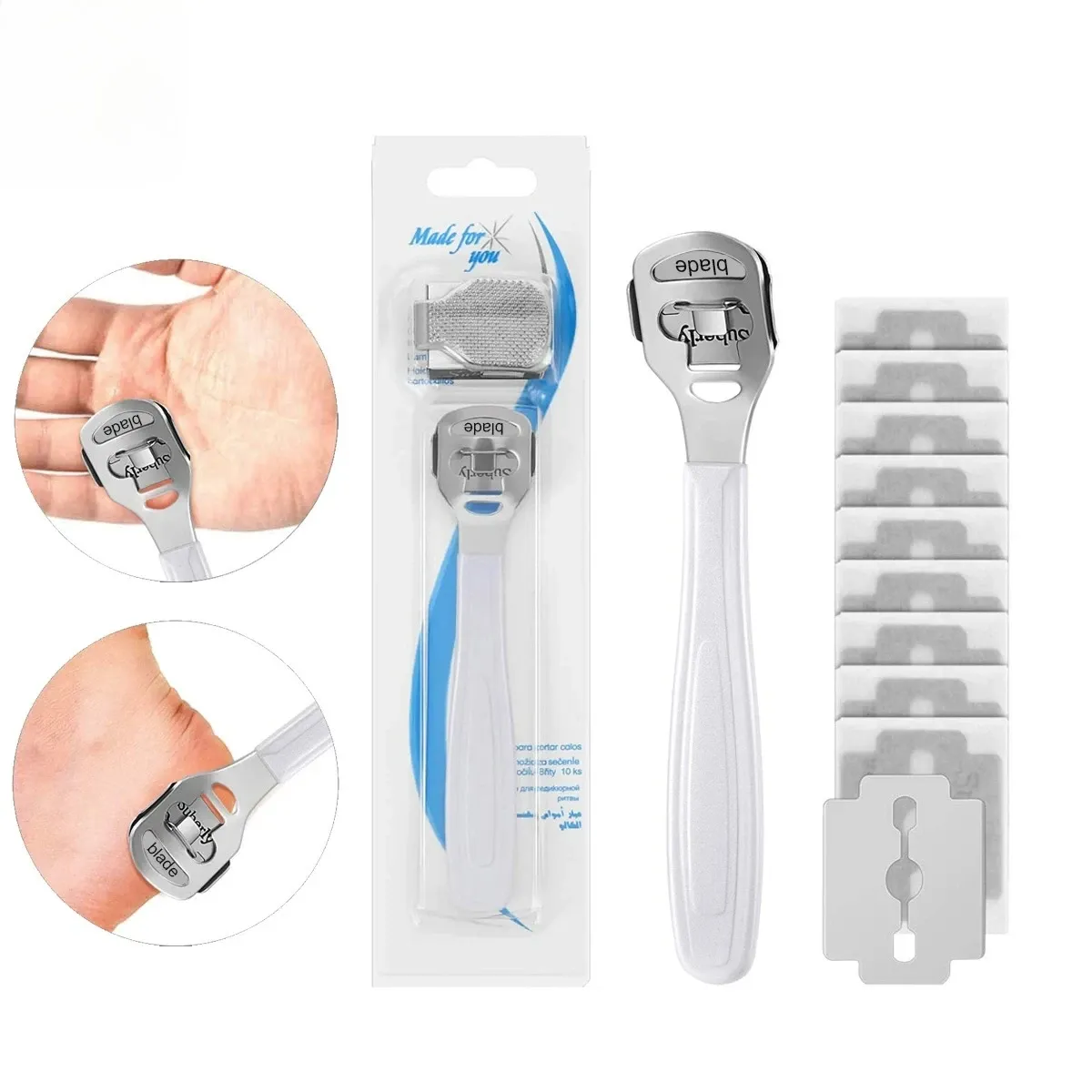 Rasoir à callosités en acier inoxydable avec 10 lames, outil de pédicure pour les pieds et les mains