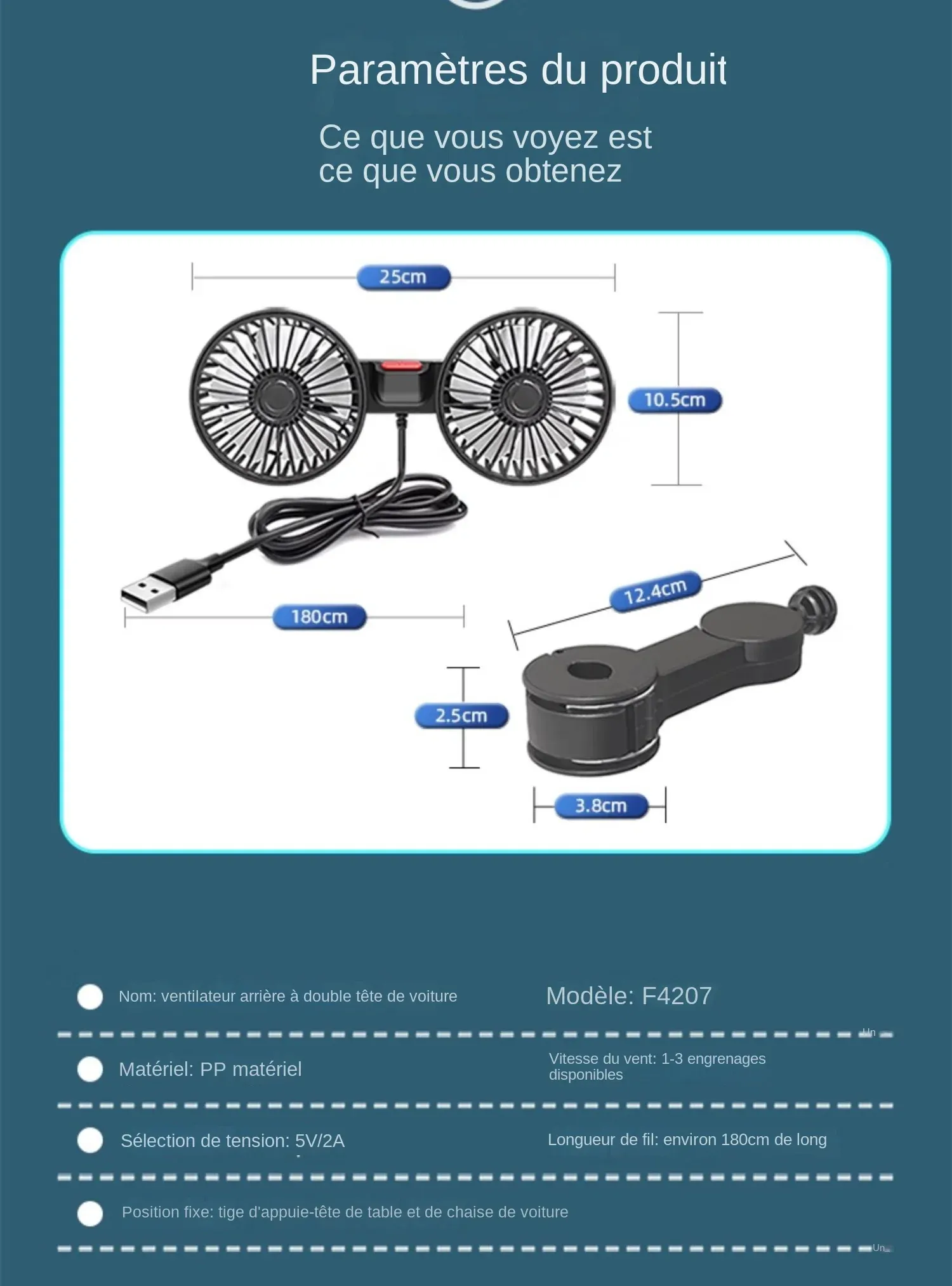 Ventilateur arrière pour voiture, finitions soignées