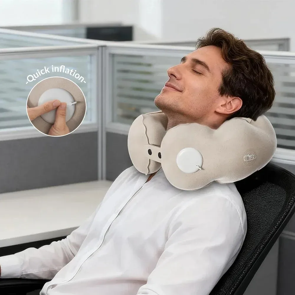 Oreiller de cou gonflable compressible en forme de U, portable et réglable, idéal pour le voyage et le bureau 4
