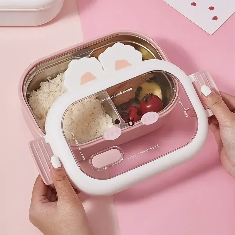 Boîte à bento en acier inoxydable au design de lapin, boîte à déjeuner portable et étanche avec poignée, idéale pour les enfants et étudiants 2