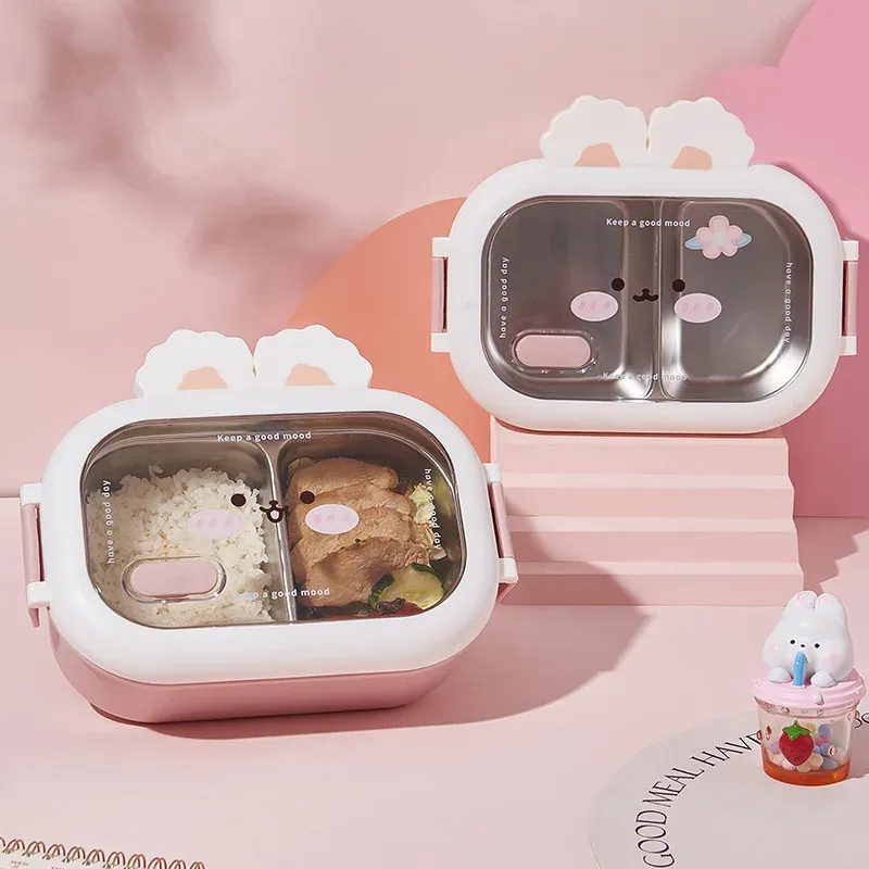 Boîte à bento en acier inoxydable au design de lapin, boîte à déjeuner portable et étanche avec poignée, idéale pour les enfants et étudiants - Image 1