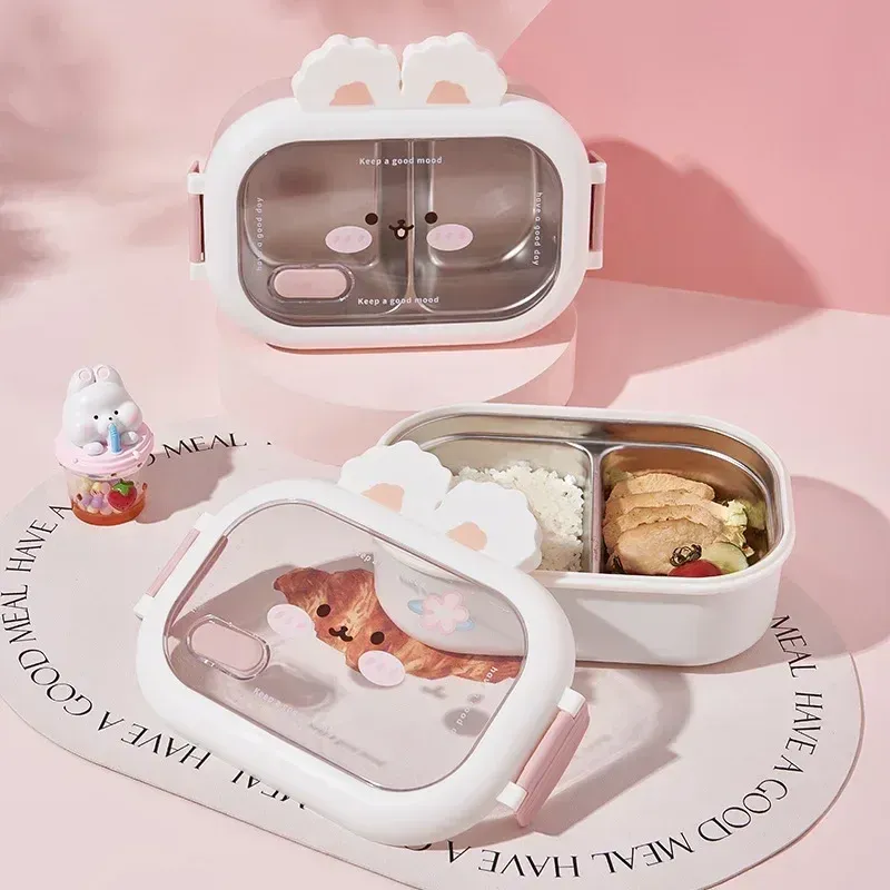 Boîte à bento en acier inoxydable au design de lapin, boîte à déjeuner portable et étanche avec poignée, idéale pour les enfants et étudiants 4