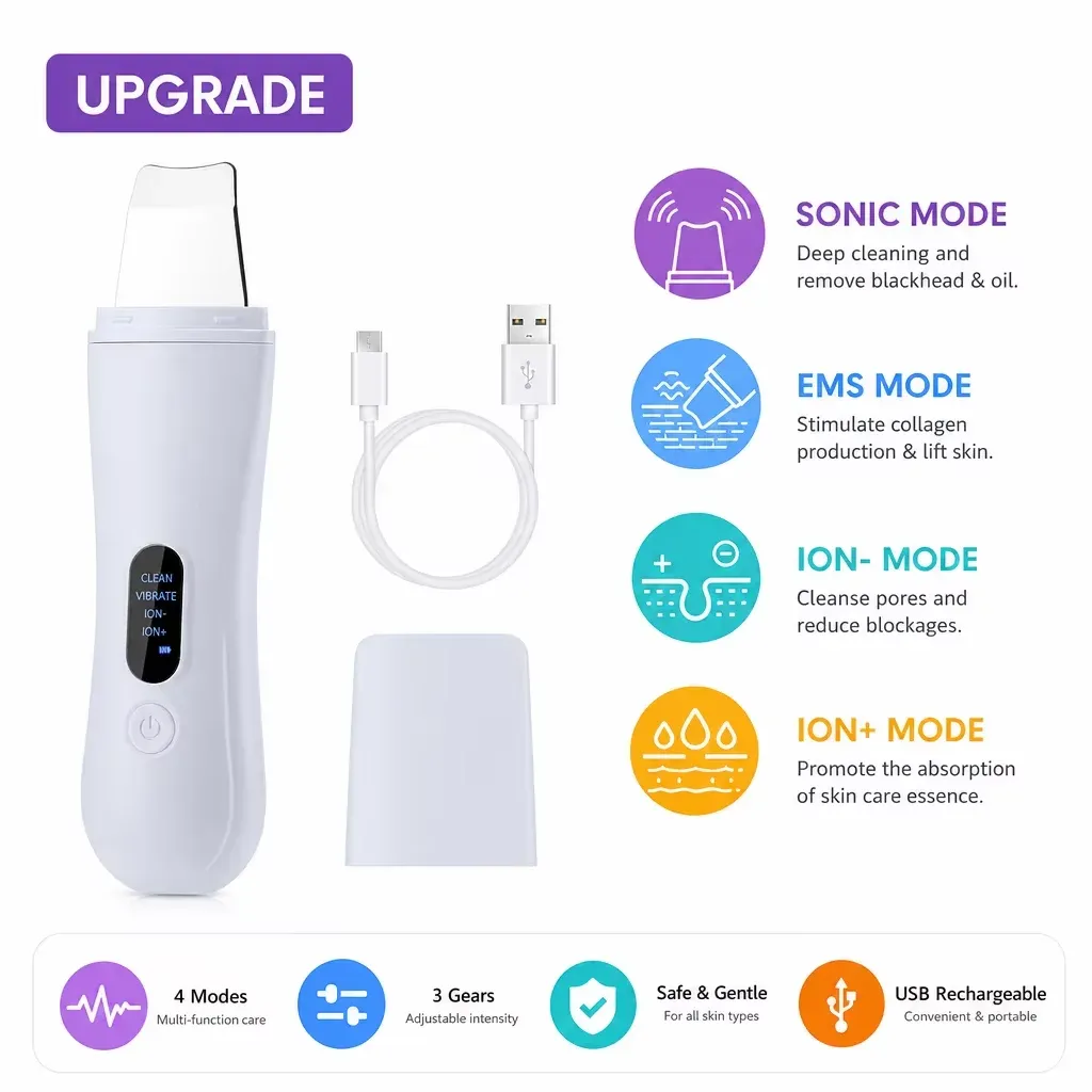 Spatule à ultrasons pour le visage, spatule faciale de nettoyage en profondeur, extracteur de points noirs, pelle faciale pour nettoyer les pores, beauté 8
