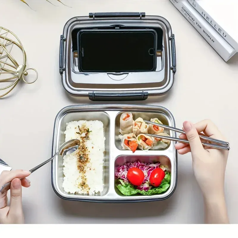 Boîte à déjeuner en acier inoxydable étanche à 3 ou 4 compartiments – Récipient bento durable et facile à nettoyer pour étudiants et employés de bureau 4