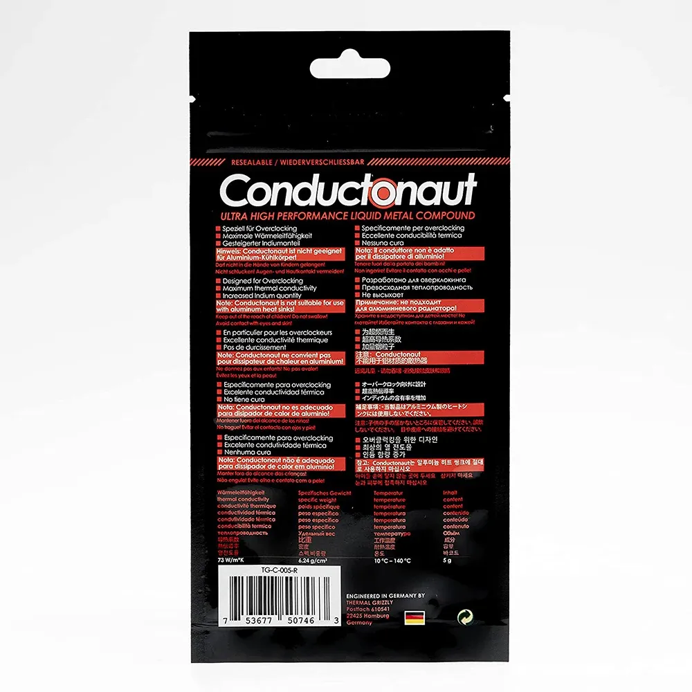 Pâte thermique en métal liquide Grizzly Conductonaut 73 W/mK à haute conductivité thermique pour le refroidissement CPU et GPU 6