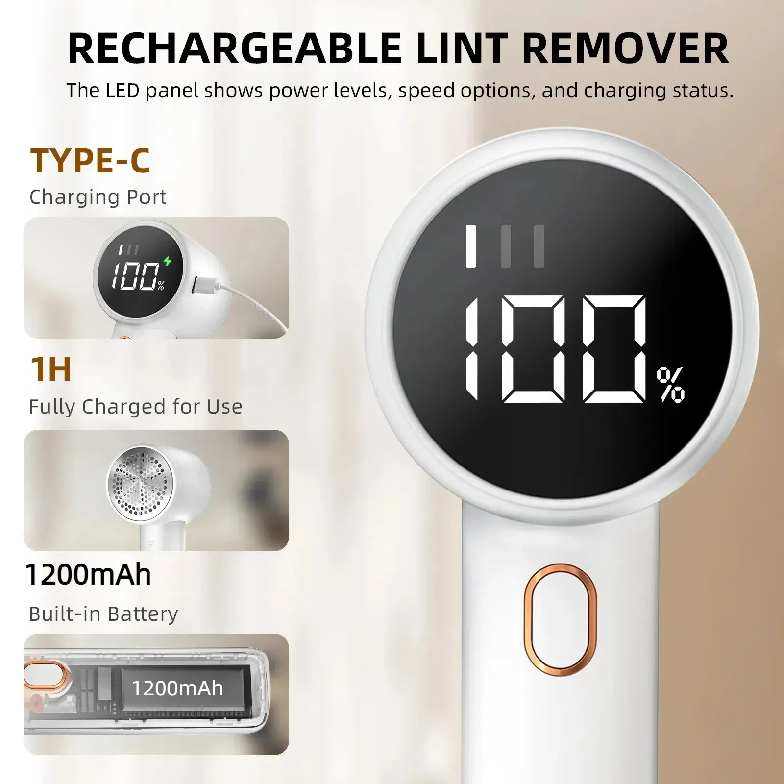 Éliminateur de peluches électrique pour la maison, 3 vitesses réglables, écran LED numérique, anti-bouloches rechargeable sans fil, nouveau modèle 3