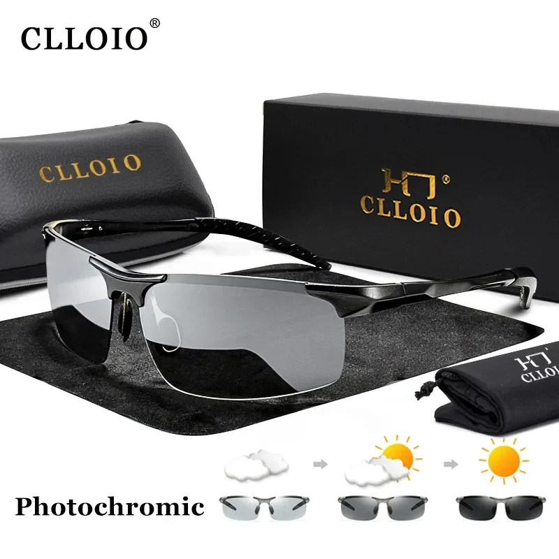 CLLOIO Lunettes de soleil photochromiques en aluminium pour hommes, polarisées, anti-éblouissement, protection UV, conduite jour et nuit