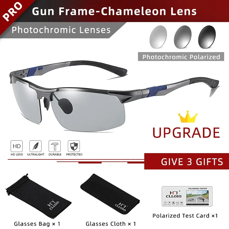 CLLOIO Lunettes de soleil photochromiques en aluminium pour hommes, polarisées, anti-éblouissement, protection UV, conduite jour et nuit 12