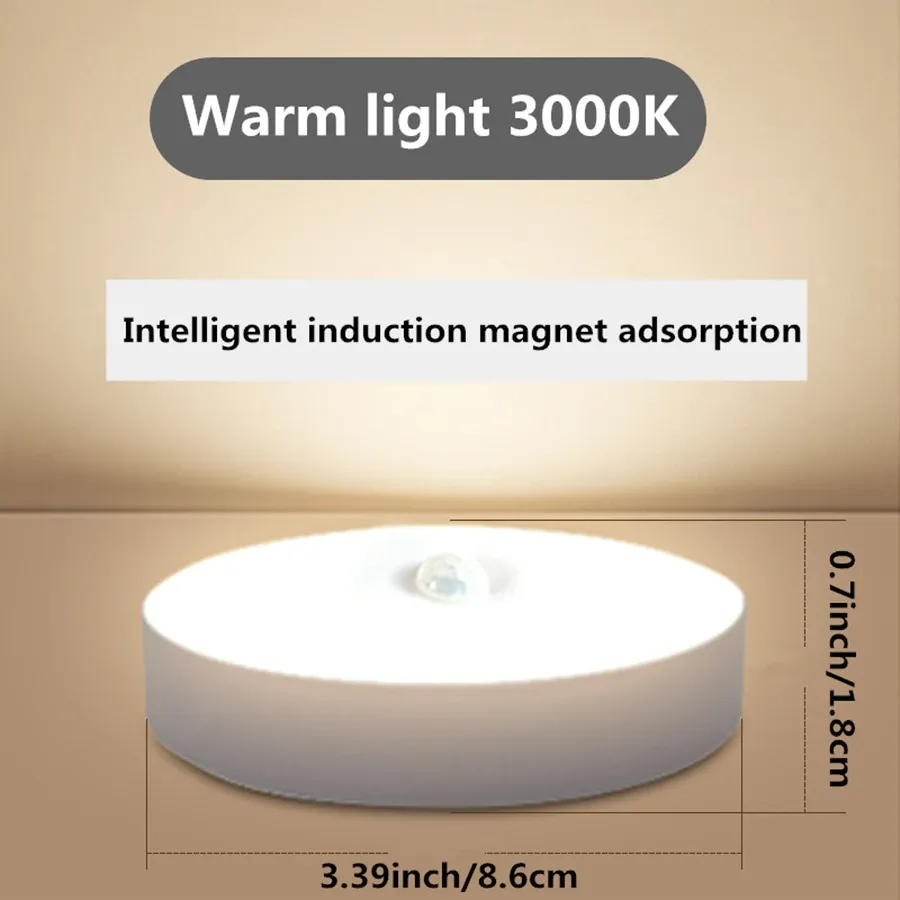 Veilleuse LED magnétique rechargeable à capteur de mouvement, lumière blanche chaude à intensité variable, détection 3 à 6 m pour placard 6