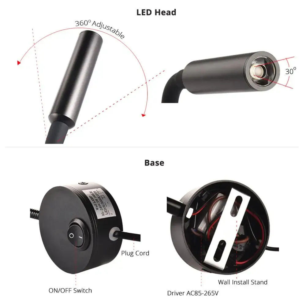 Lampe murale de chevet pour lecture et travail, applique murale LED 3 W, lampe de livre, veilleuse murale, spot LED avec cordon et prise UE/US 3