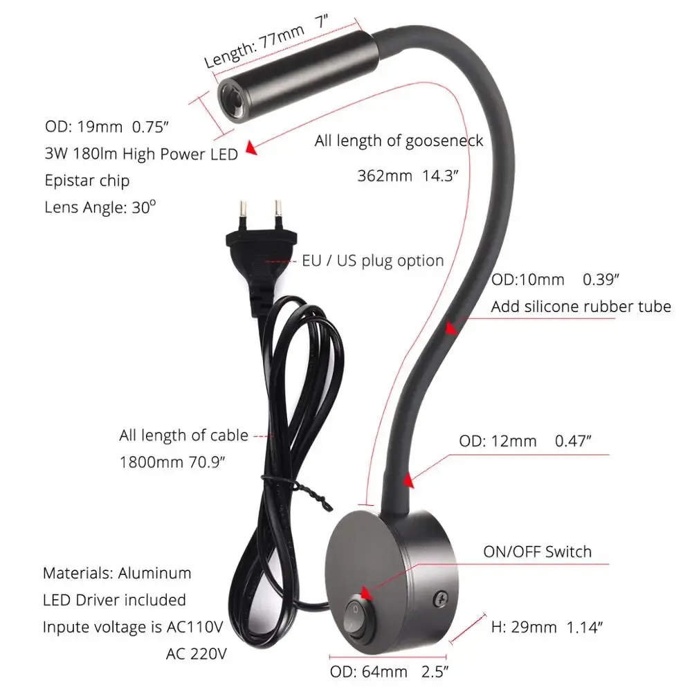 Lampe murale de chevet pour lecture et travail, applique murale LED 3 W, lampe de livre, veilleuse murale, spot LED avec cordon et prise UE/US 5