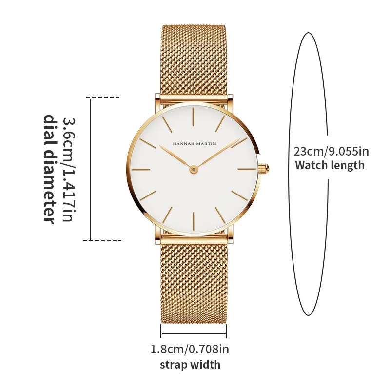 Montre Femme HANNAH MARTIN, Style Nordique Minimaliste, Mouvement Quartz Japonais, Étanche 3 Bar, 36 mm, Or Rose Intégral 3