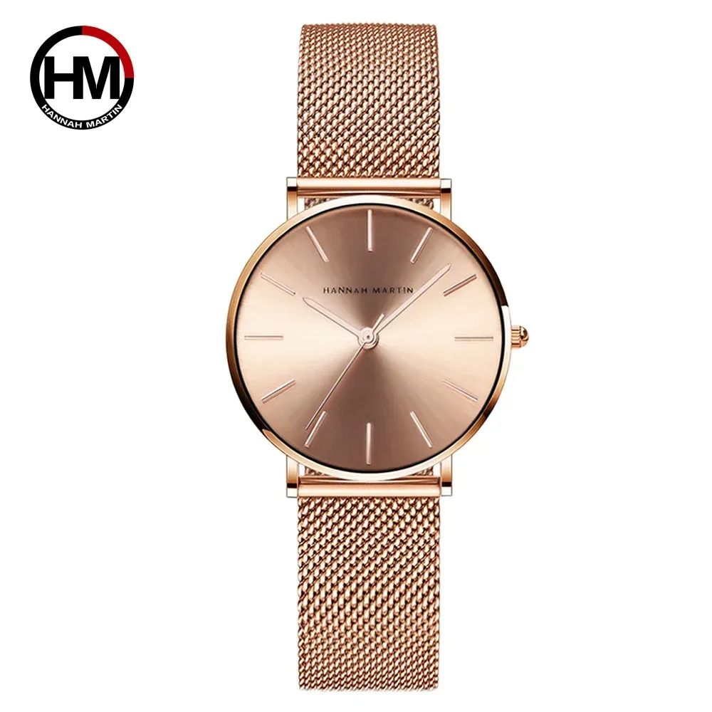 Montre Femme HANNAH MARTIN, Style Nordique Minimaliste, Mouvement Quartz Japonais, Étanche 3 Bar, 36 mm, Or Rose Intégral 25