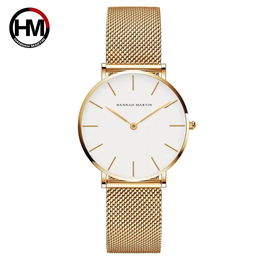 Montre Femme HANNAH MARTIN, Style Nordique Minimaliste, Mouvement Quartz Japonais, Étanche 3 Bar, 36 mm, Or Rose Intégral 20