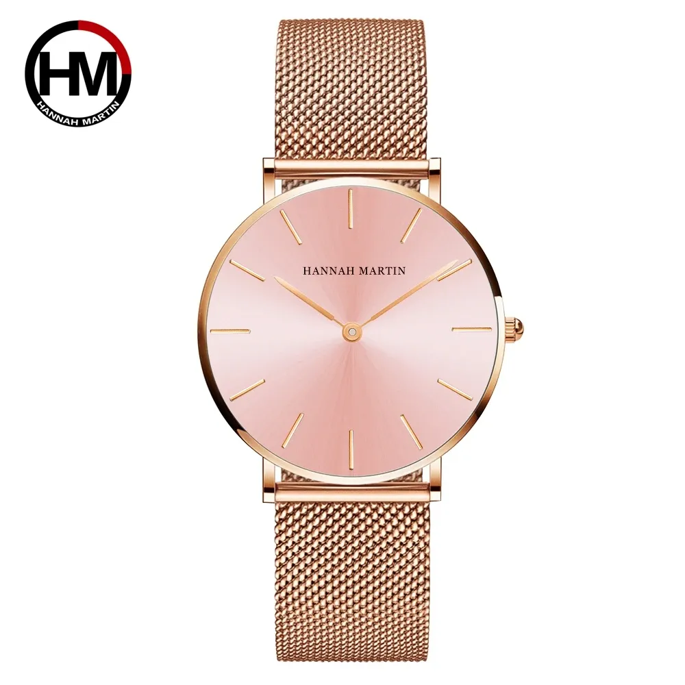 Montre Femme HANNAH MARTIN, Style Nordique Minimaliste, Mouvement Quartz Japonais, Étanche 3 Bar, 36 mm, Or Rose Intégral 12