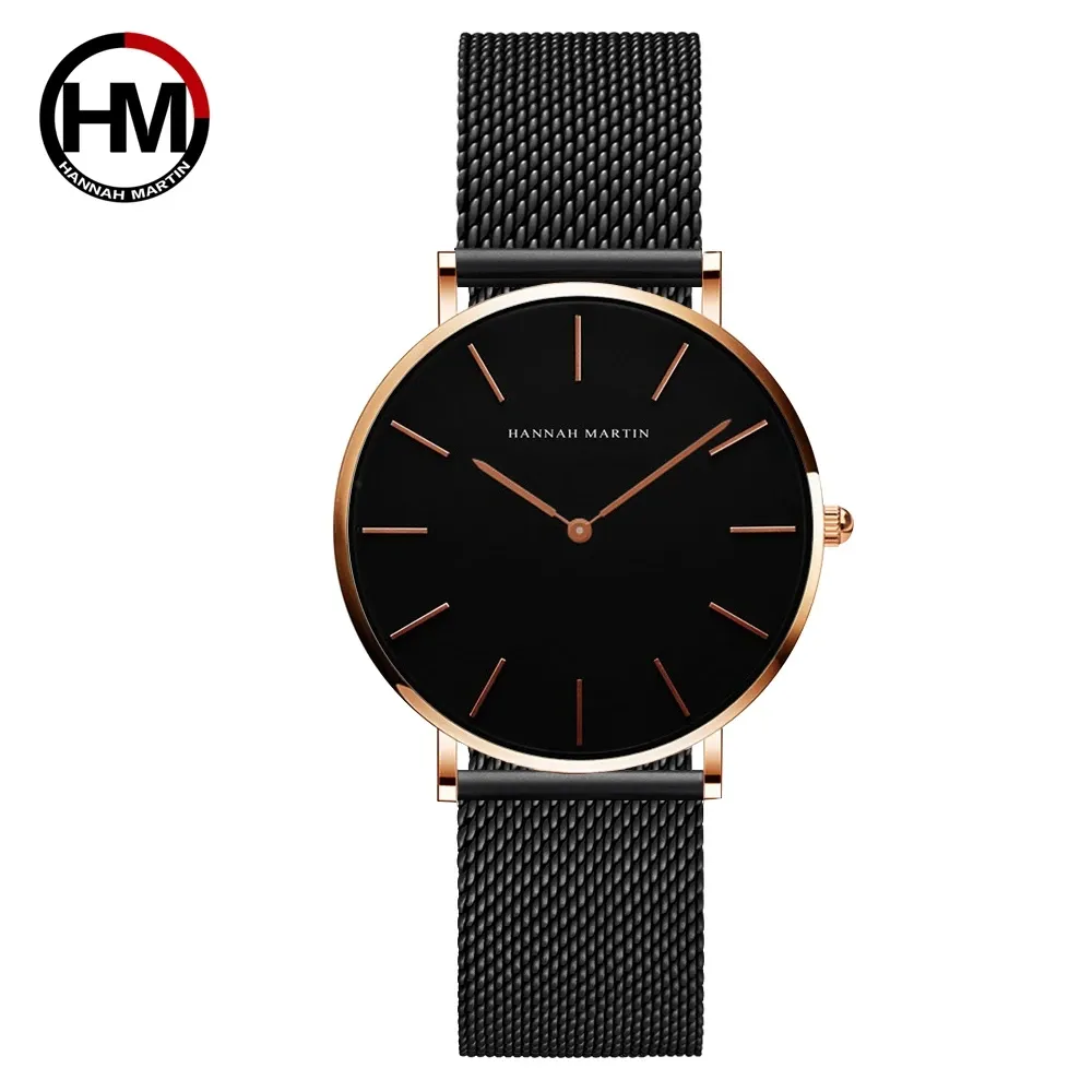 Montre Femme HANNAH MARTIN, Style Nordique Minimaliste, Mouvement Quartz Japonais, Étanche 3 Bar, 36 mm, Or Rose Intégral 18