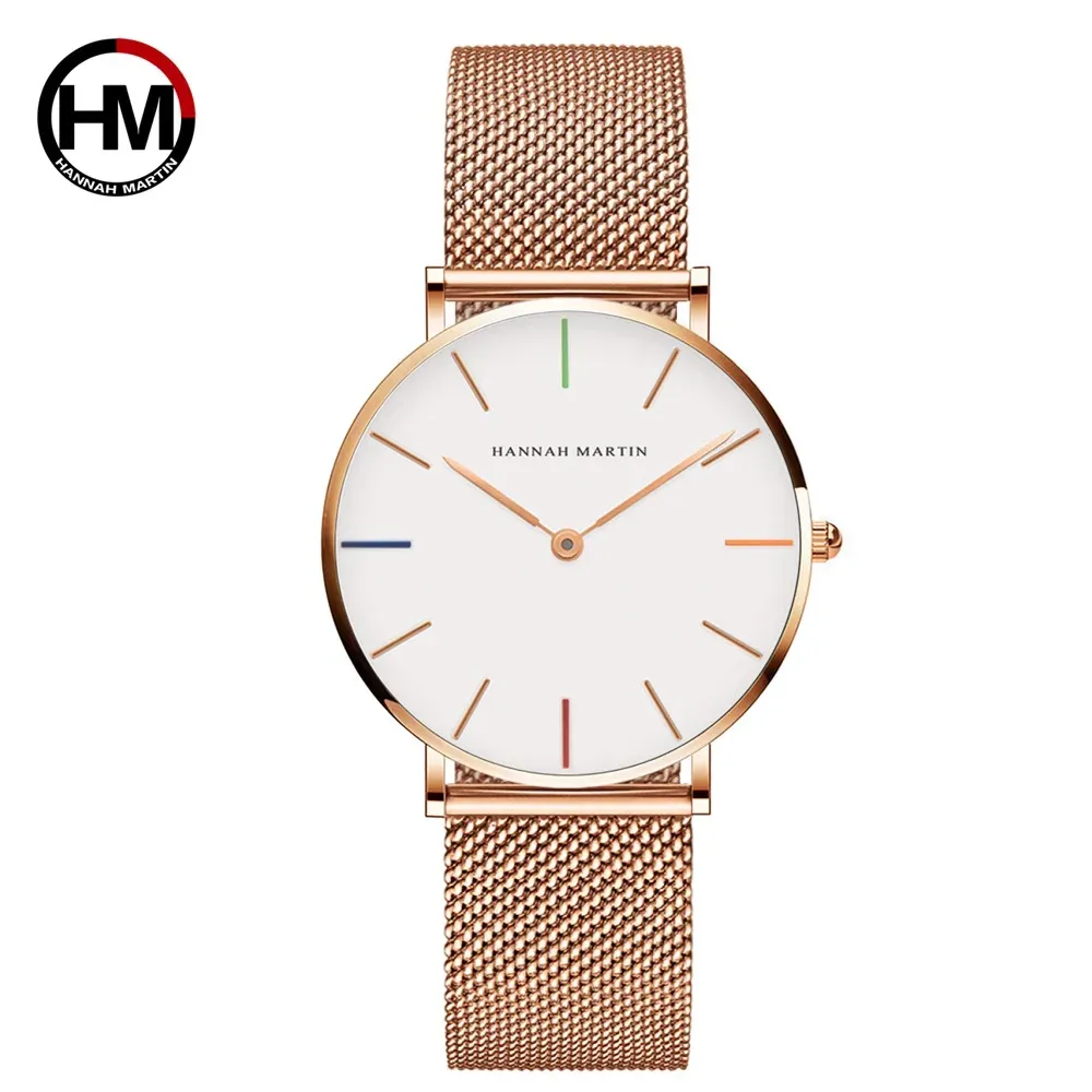 Montre Femme HANNAH MARTIN, Style Nordique Minimaliste, Mouvement Quartz Japonais, Étanche 3 Bar, 36 mm, Or Rose Intégral 13