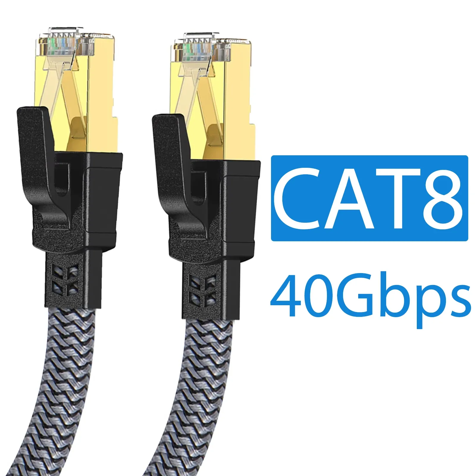 Câble Ethernet CAT8 40 Gbps, câble réseau LAN plat en nylon tressé pour PC, modem, ordinateur portable, PS5, routeur, connecteur RJ45