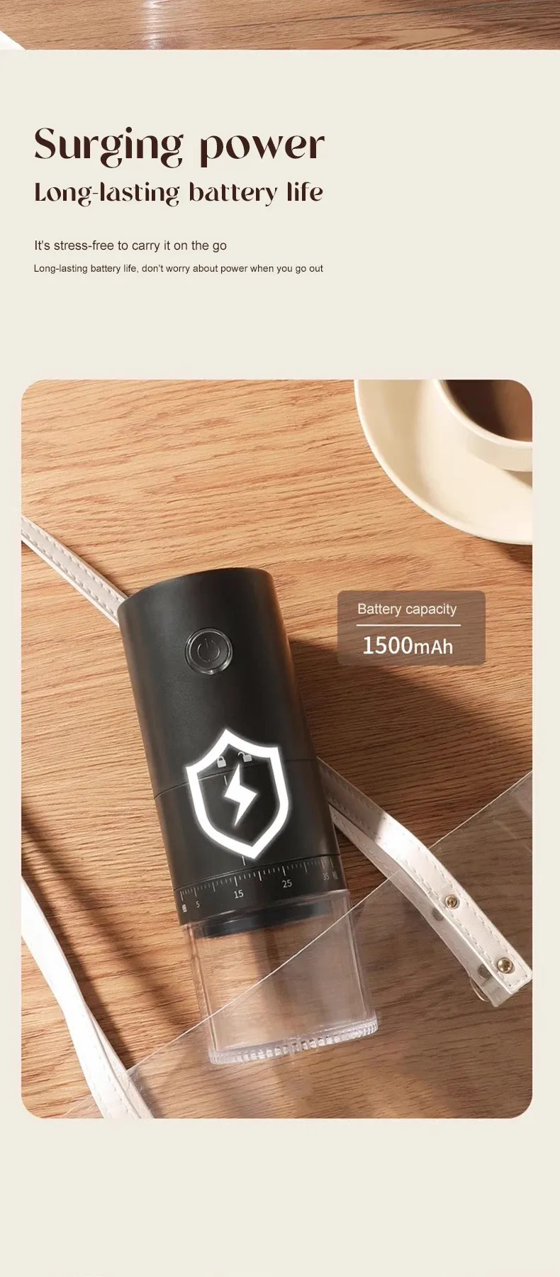 Moulin à café automatique rechargeable, vue de profil