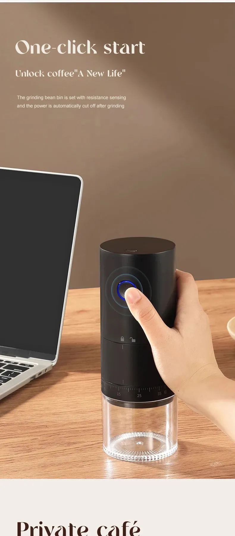 Moulin à café électrique rechargeable en finition détaillée
