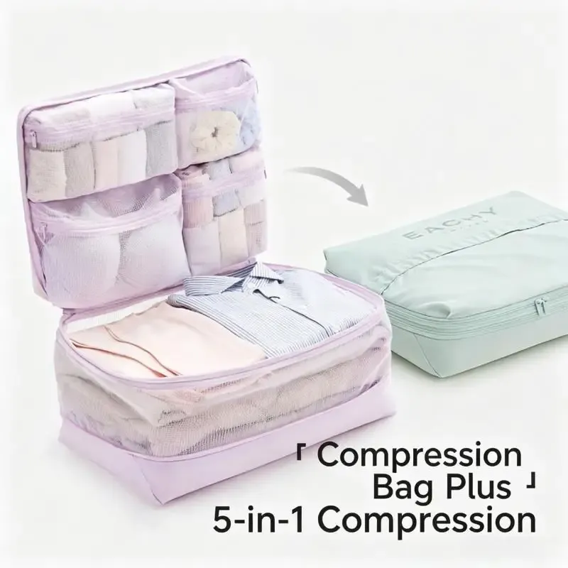 Sacs de compression 5 en 1 pour voyage : organisateurs de bagages portables à compartiments multiples - Image 1