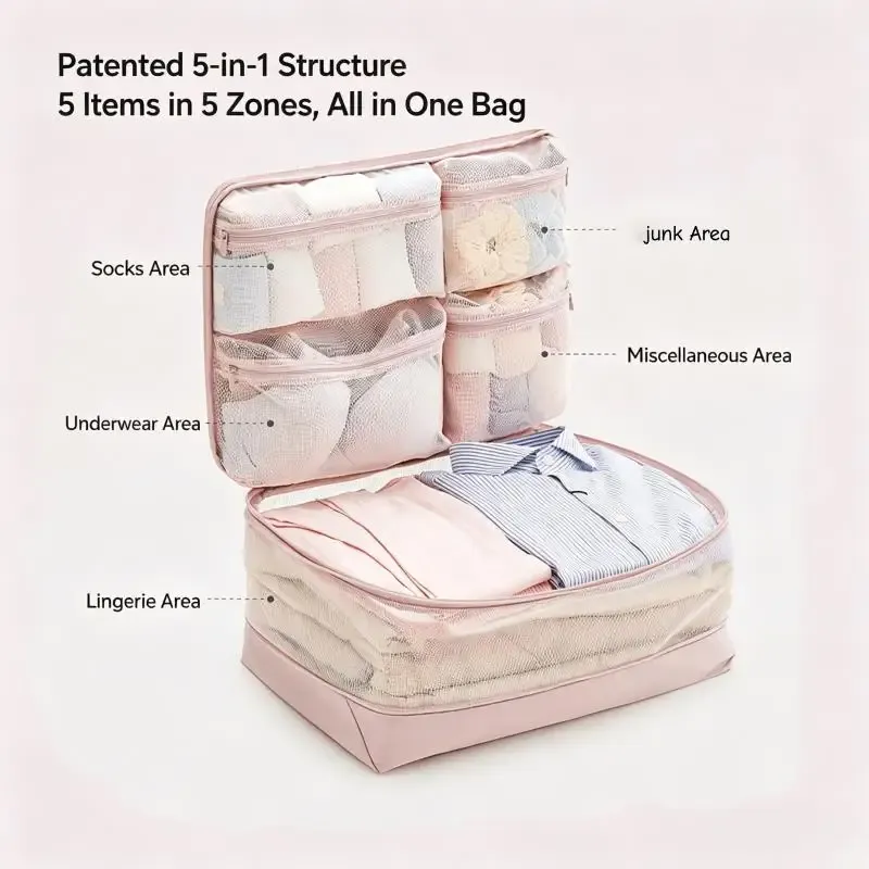 Sacs de compression 5 en 1 pour voyage : organisateurs de bagages portables à compartiments multiples 4
