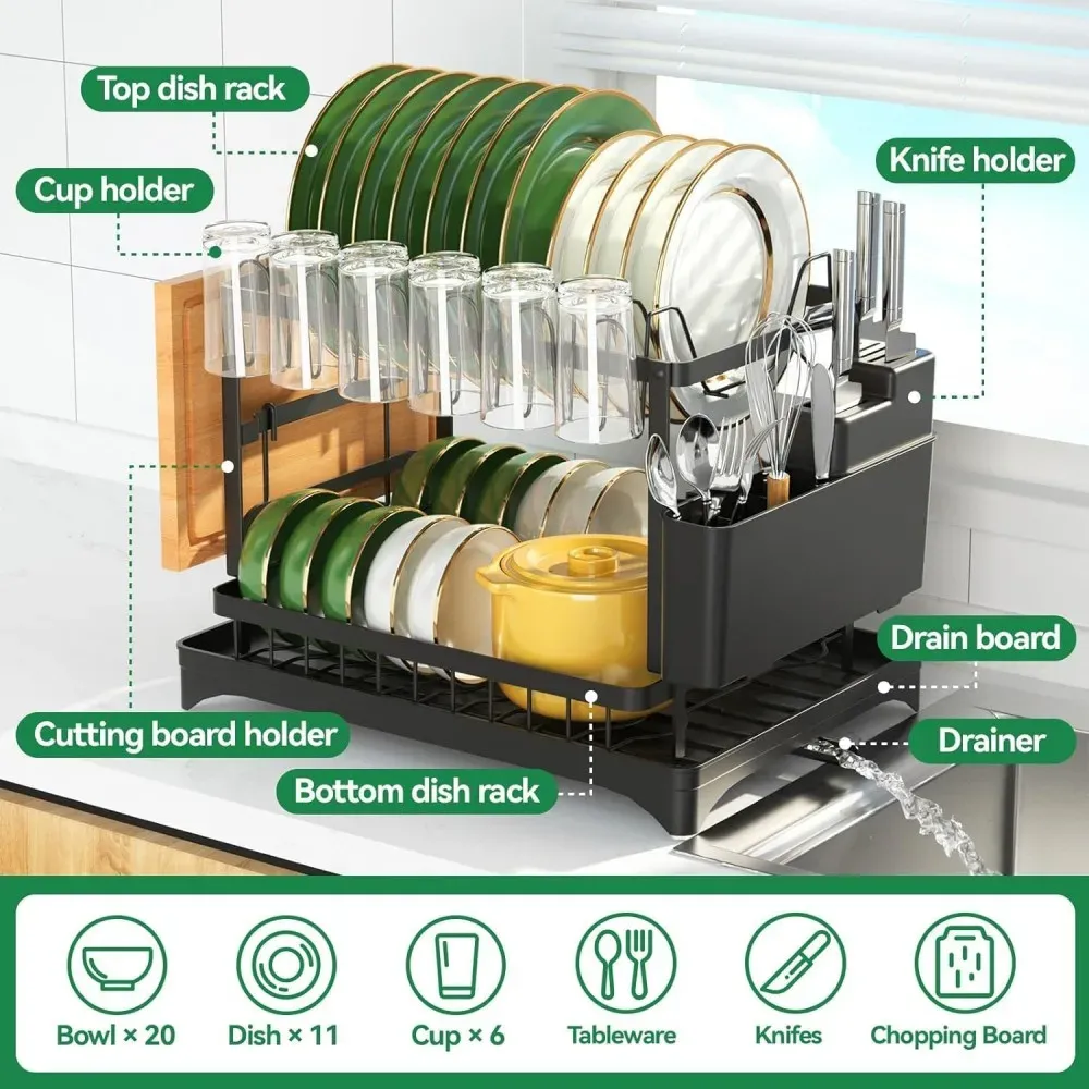 Égouttoir à vaisselle 2 niveaux en acier inoxydable avec bac de récupération, organisateur de rangement pour vaisselle de cuisine - Image 1